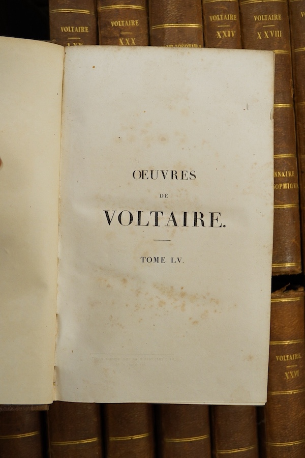 Beuchot, Oeuvres de Voltaire, notes by M. Beuchot, 69 vols, 8vo, calf, Paris, 1834. Condition - pages foxed and binding worn